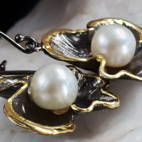 Solid Sterling Silver 925/18K Gold/Black Rhodium Large Freshwater Pearl - Picture 3 of 9